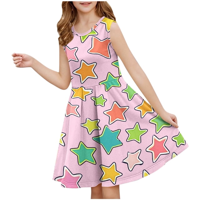 RXIRUCGD 2025 Summer Clothes for Kids Girls Sleeveless Stretchy Dress A Line Twirly Skater School Recital Dress Short Sleeve Round Neck Dress