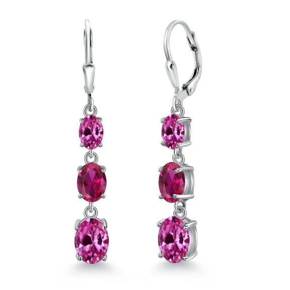 Gem Stone King 925 Sterling Silver Pink Created Sapphire and Red Created Ruby 3 Stone Dangle Earrings for Women (6.00 Cttw, Gemstone September Birthstone, Oval 8X6MM, 7X5MM and 6X4MM)