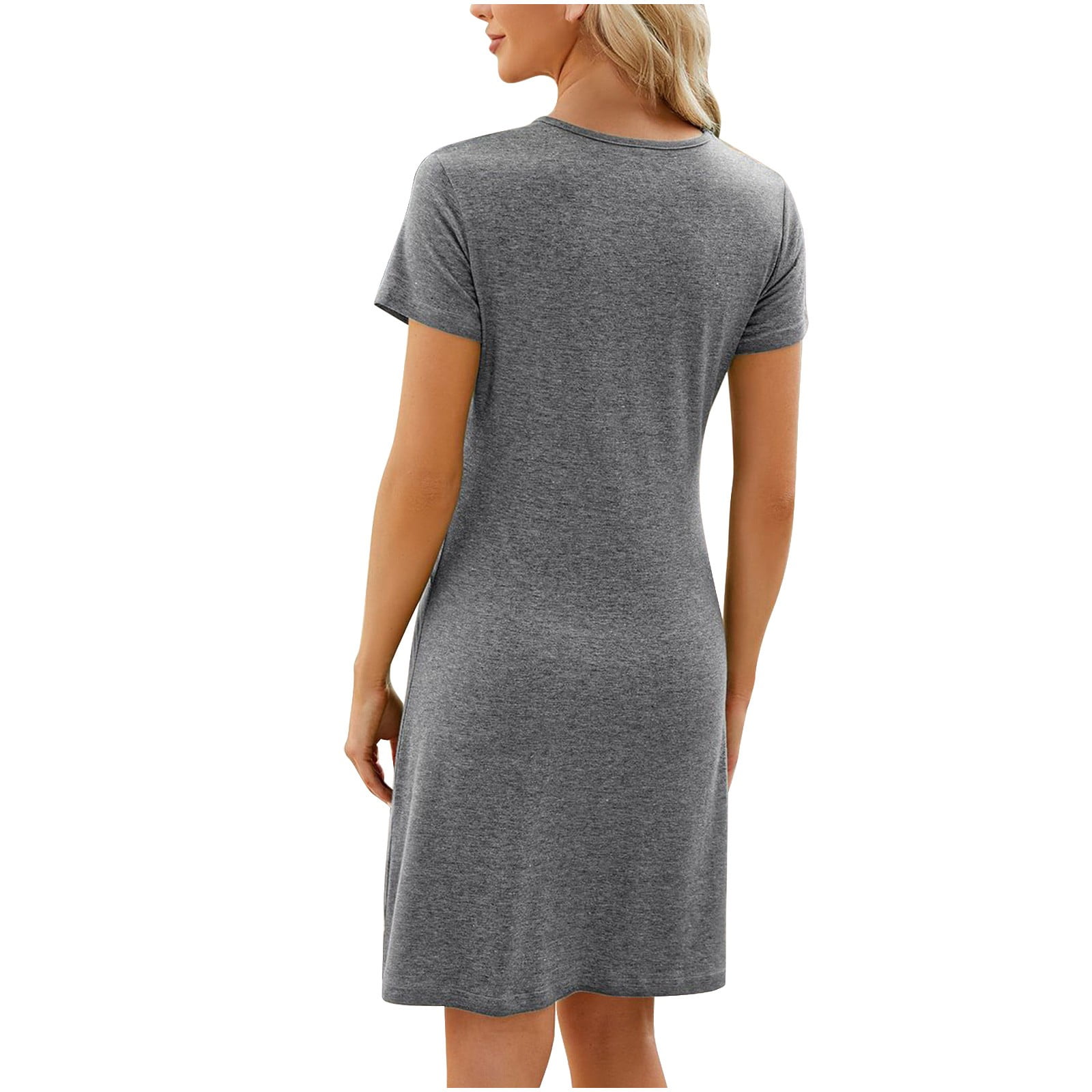 ATOYSOY Women's Trendy Cotton Lined Short Sleeve Retro Beach Sundress Round Neck Mini Loose Dress Pleated Elegant Casual Relaxed Slim Workout Dress for Girls Gray