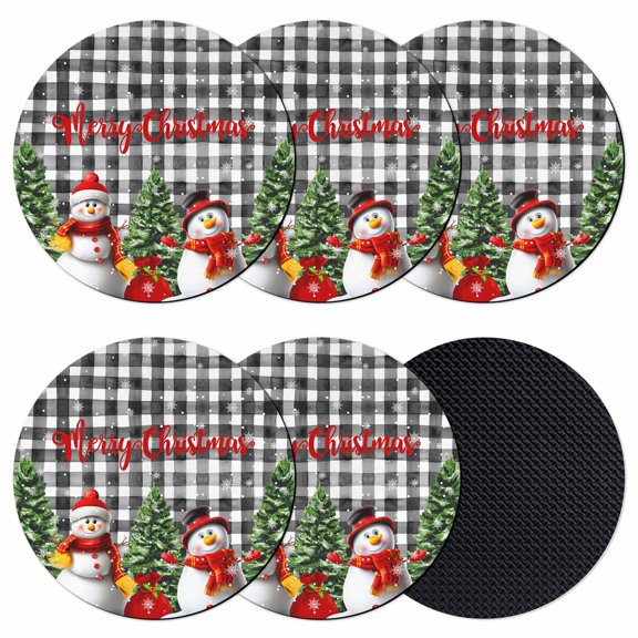 Christmas Snowman Coasters Set of 6, Absorbent Coasters for Drinks, Black White Plaid Snowflake Pine Tree Coaster for Desk Coffee Table Protection, Home Decor House Warming Gifts 4"