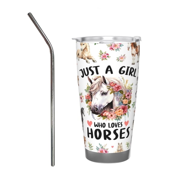 20oz Just a Girl Who Loves Horses Insulated Car Tumbler with Handle and Straw Lid Horse Lover Gift with Stainless Steel Straw