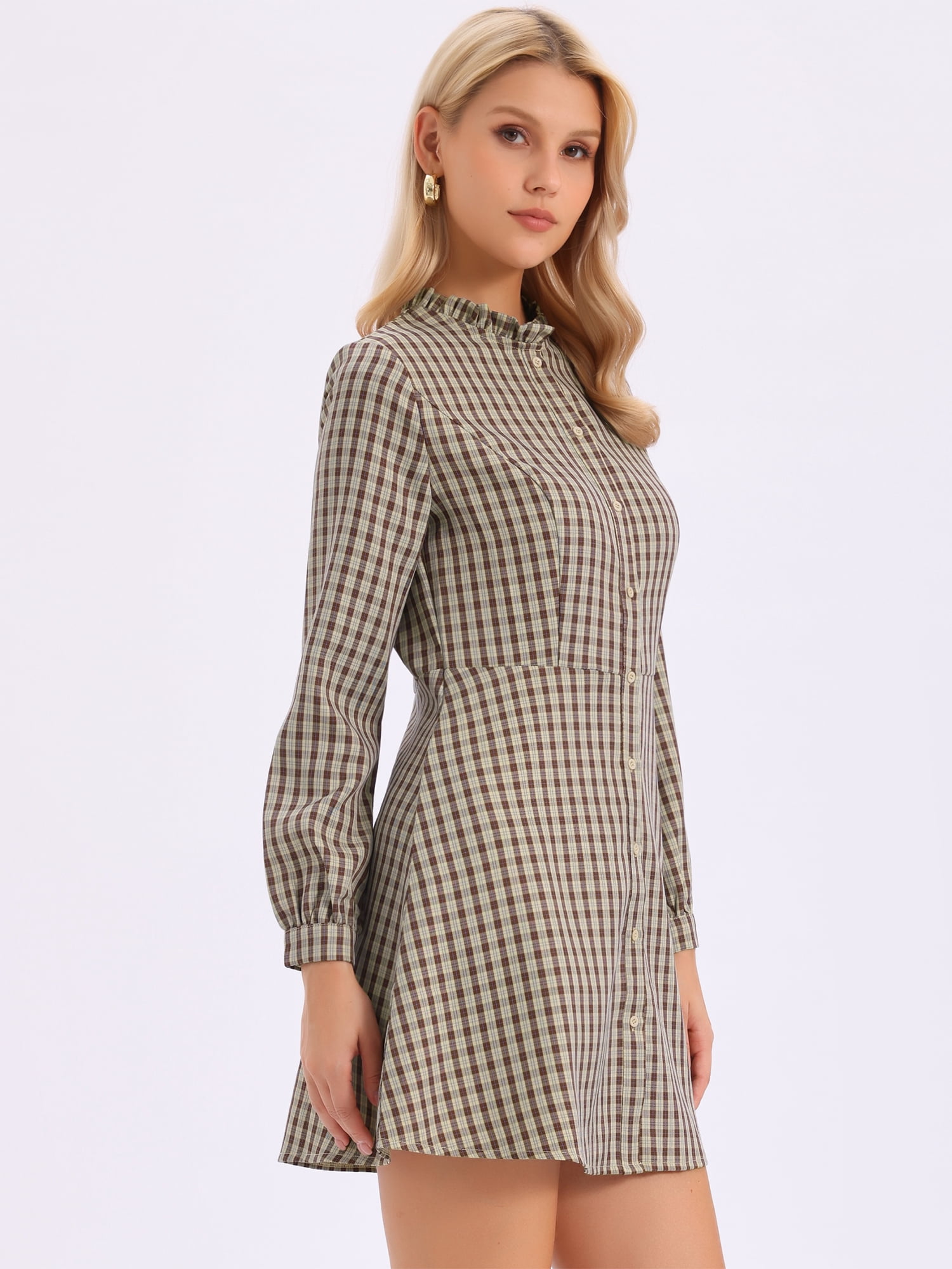 DARING DIVA Women's Check Ruffle Neck Button Down Long Sleeve A-Line Dress XS Brown Khaki