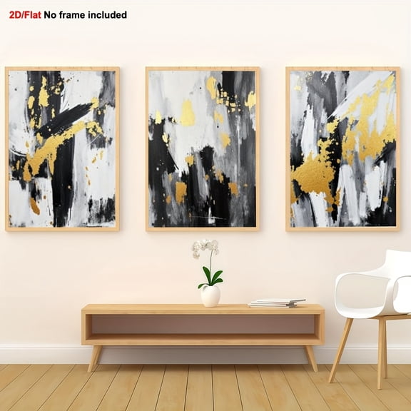 3pcs Set of Fun Canvas Wall Art - 3 Abstract Paintings in Black, White, and Golden for Modern Minimalist Home or Office Decor, 2D Flat, Perfect for Room Decor, Black And White Artwork, Artwork For W