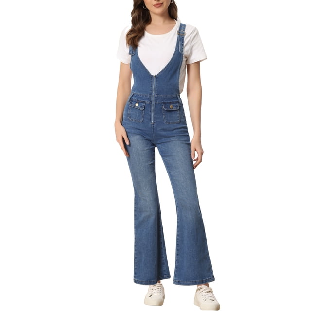 INSPIRAR CHIC Mono de mezclilla casual para mujer con cuello en V, cierre de cremallera, pantalones de campana, talla XL, azul