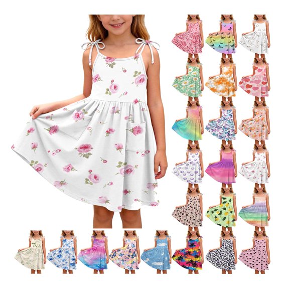Vornjynx Floral Dresses for Girls with Pockets Hearts Print Sleeveless Trendy Summer Casual Dress White Size 4t