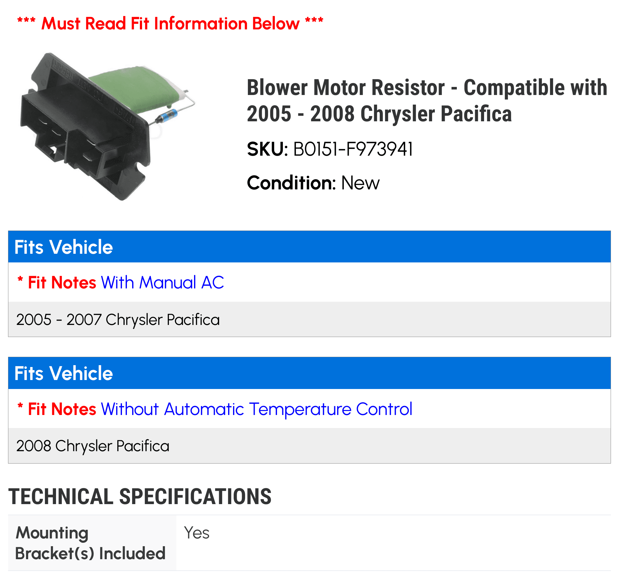 Blower Motor Resistor - Compatible with 2005 - 2008 Chrysler Pacifica 2006 2007