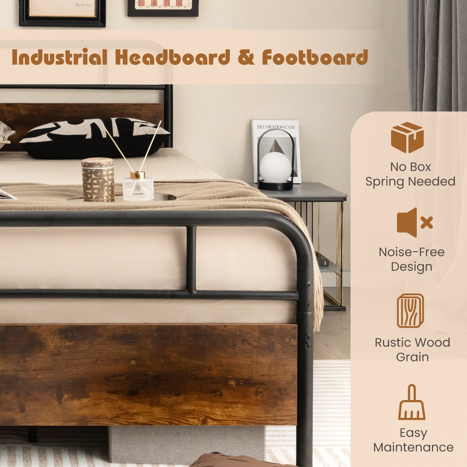 Infans Queen Size Metal Platform Bed Frame Industrial Headboard Mattress Foundation
