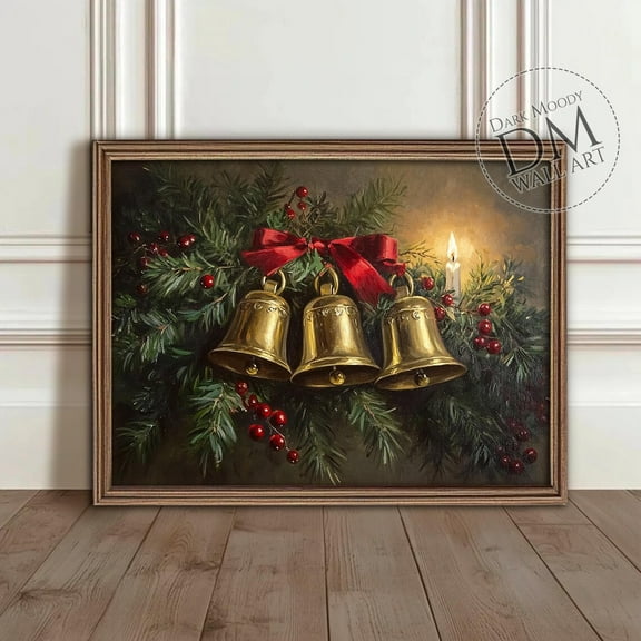 Modroom Holiday Bells With Candle Garland, Dark Moody, Vintage Holiday Pine Decor Print, Modern Wall Art Decor, 8x12 UNFRAMED
