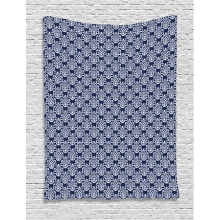 Navy Blue Tapestry Abstract Floral Damask With Antique Victorian Design Renaissance Flourish Wall Hanging For Bedroom Living Room Dorm Decor 60w X