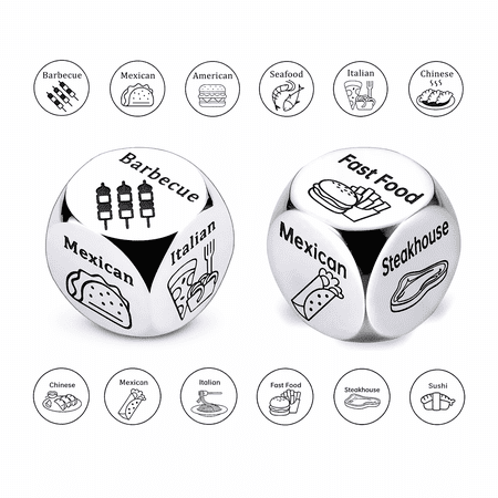 Food Dice, Silver Metal Food Decision Dice for Date Night, 0.63 x 0.63 x 0.63 Inch, Funny Gifts, Fathers Day Gifts, Gift for Men, Women and Couples