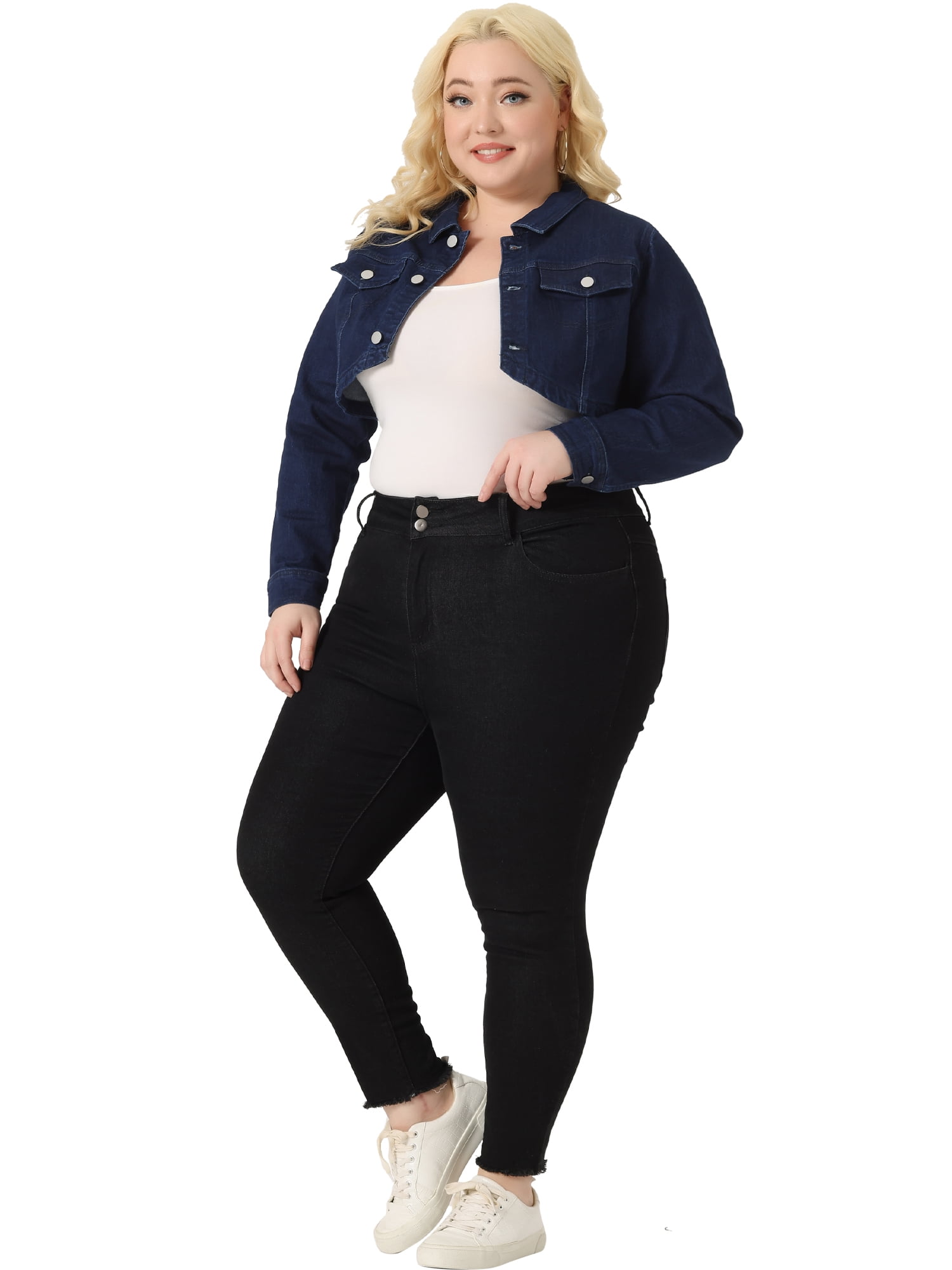 Unique Bargains Women's Plus Size Washed Notched Lapel Cropped Denim Jacket 1X Black Blue