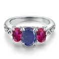 thumbnail image 3 of Gem Stone King 925 Sterling Silver Blue Lapis and Red Created Ruby Filigree Style 3 Stone Ring for Women (2.40 Cttw, Oval 8X6MM and 6X4MM, Size 8), 3 of 6