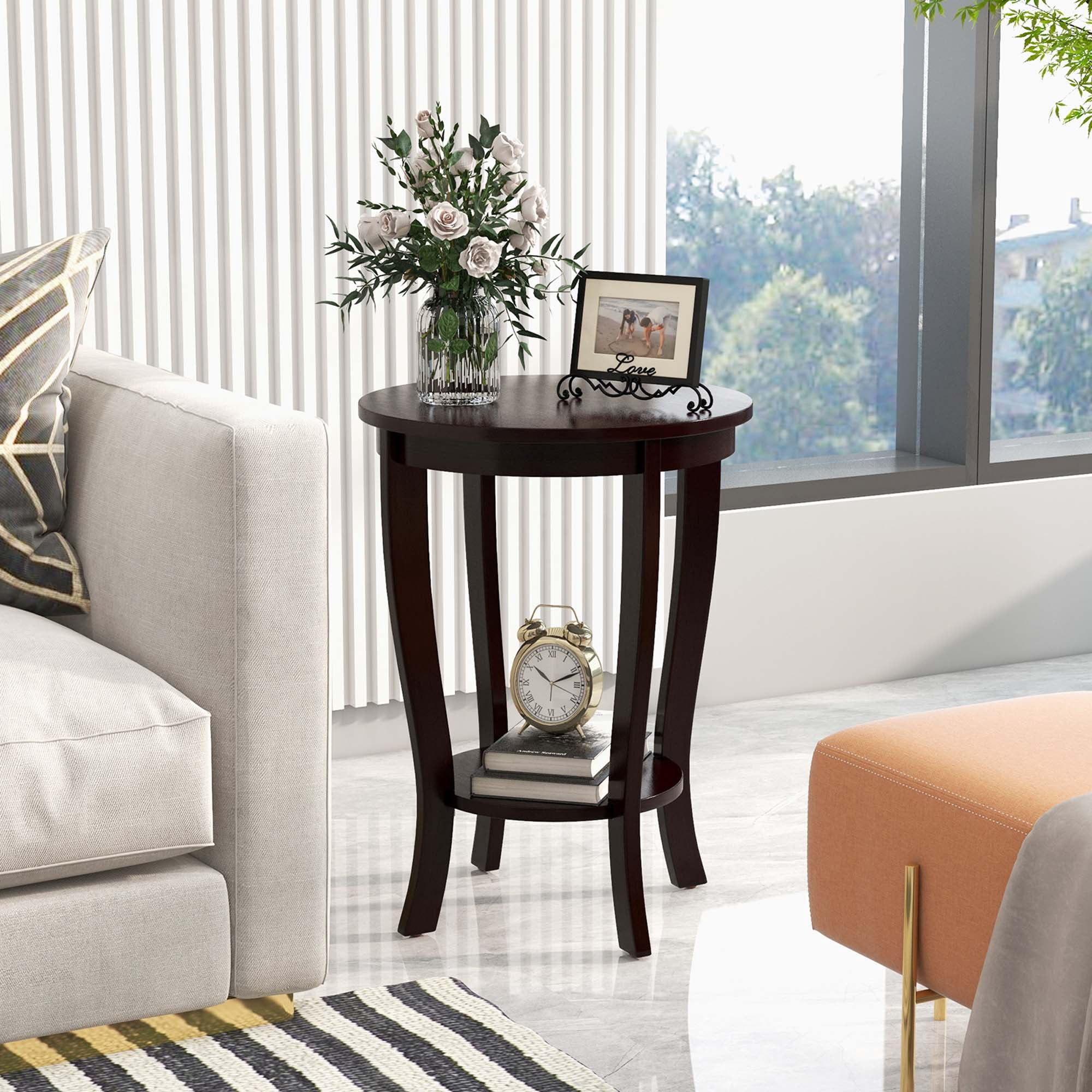 Costway 2 PCS 2-Tier End Table 18'' Round Compact Sofa Side Nightstand with Storage Shelf Espresso