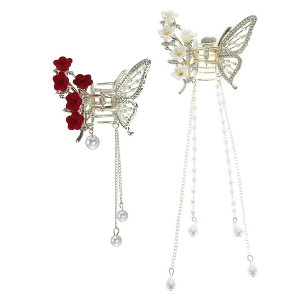 Accesorios para el cabello elegantes y bonitos: Clip para el cabello en forma de flor y mariposa con borlas, 2 piezas, 4.33"