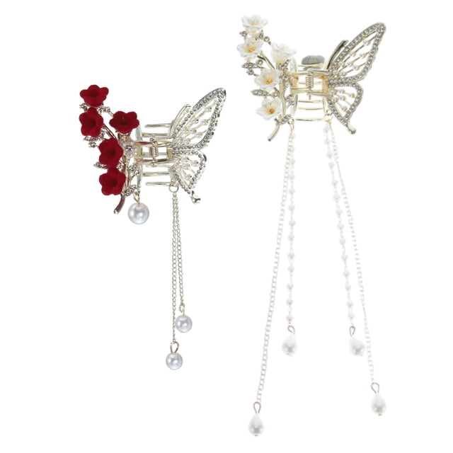 Accesorios para el cabello elegantes y bonitos: Clip para el cabello en forma de flor y mariposa con borlas, 2 piezas, 4.33"