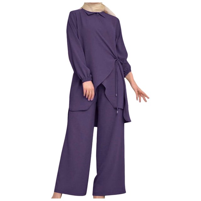 Conjunto de camisa musulmana de manga larga con solapa y pantalones anchos para mujer: traje informal holgado de color liso