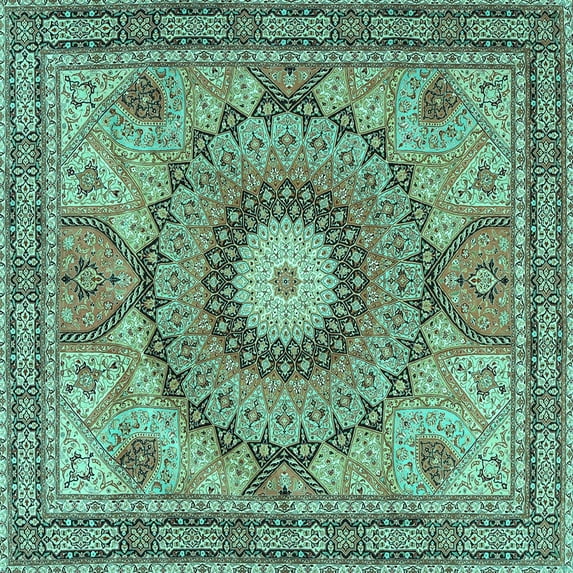 Ahgly Company Indoor Square Medallion Turquoise Blue Traditional Area Rugs, 4' Square
