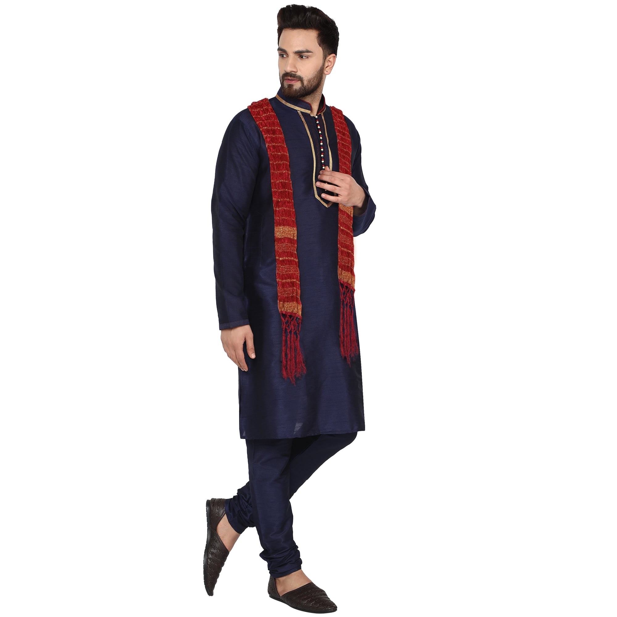 SKAVIJ Kurta Pajama and Scarf Set for Men 3 Piece Wedding Party Outfit Blue M Walmart