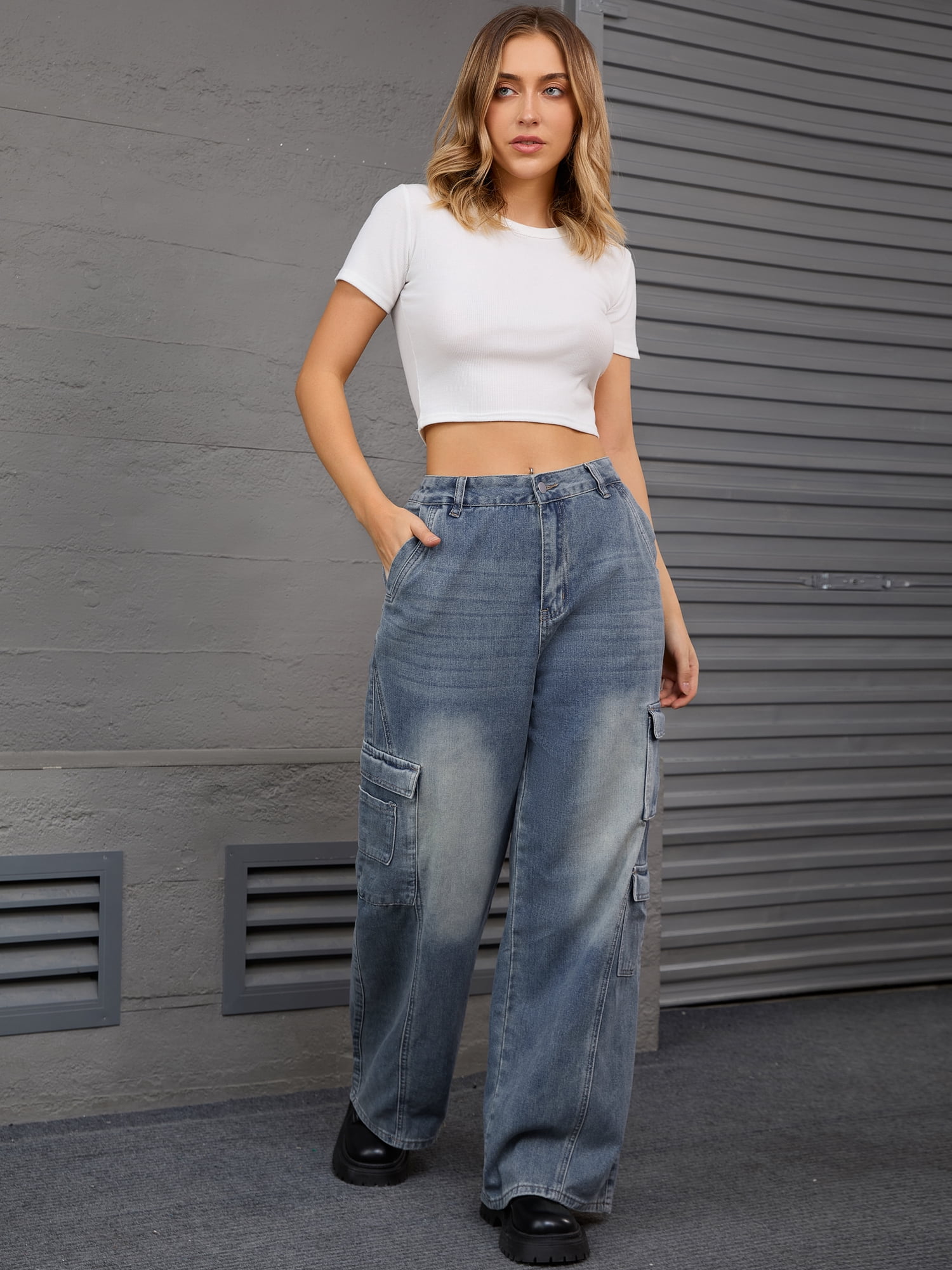 DARING DIVA Women's Baggy Jeans Multi-Pocket Cargo Denim Pants 2XL Gray Blue