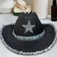 thumbnail image 2 of Western Cowboy Hat, Women Girls Fedoras Caps, Sun Hats, Wide Brim Sequin Star, Black, 2 of 6