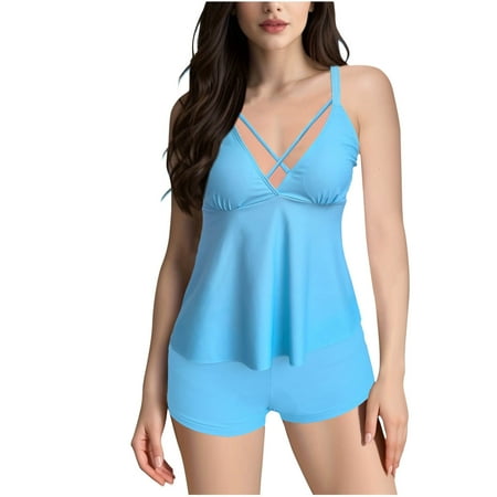 Hfyihgf 2 Piece Tankini Swimsuits for Women Tummy Control Bathing Suits Criss Cross V-Neck Flowy Swim Dress with Boyshorts(Sky Blue S)