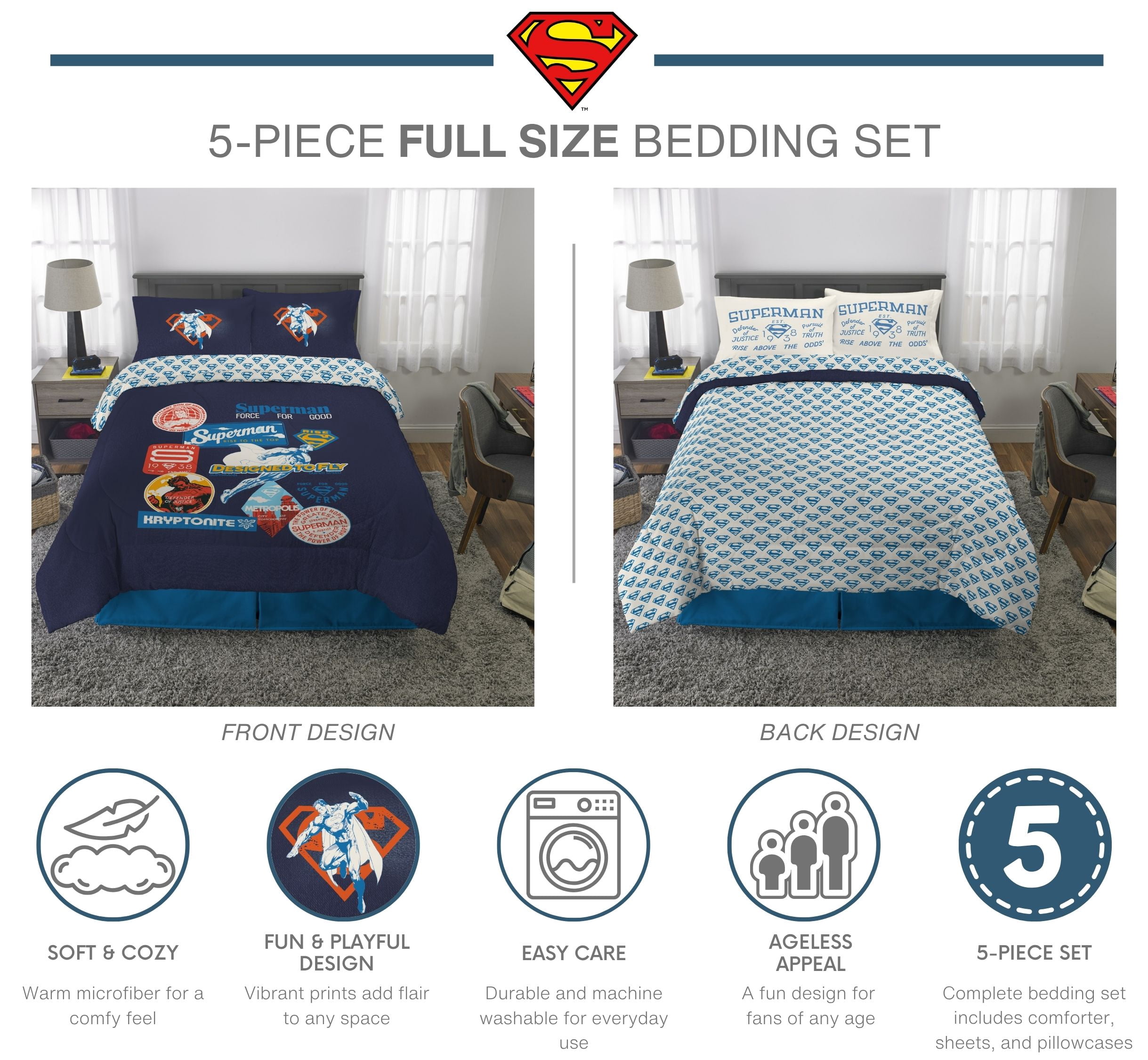 Superman Kids 5 Piece Blue Gray Reversible Comforter, Bed in a Bag, Full