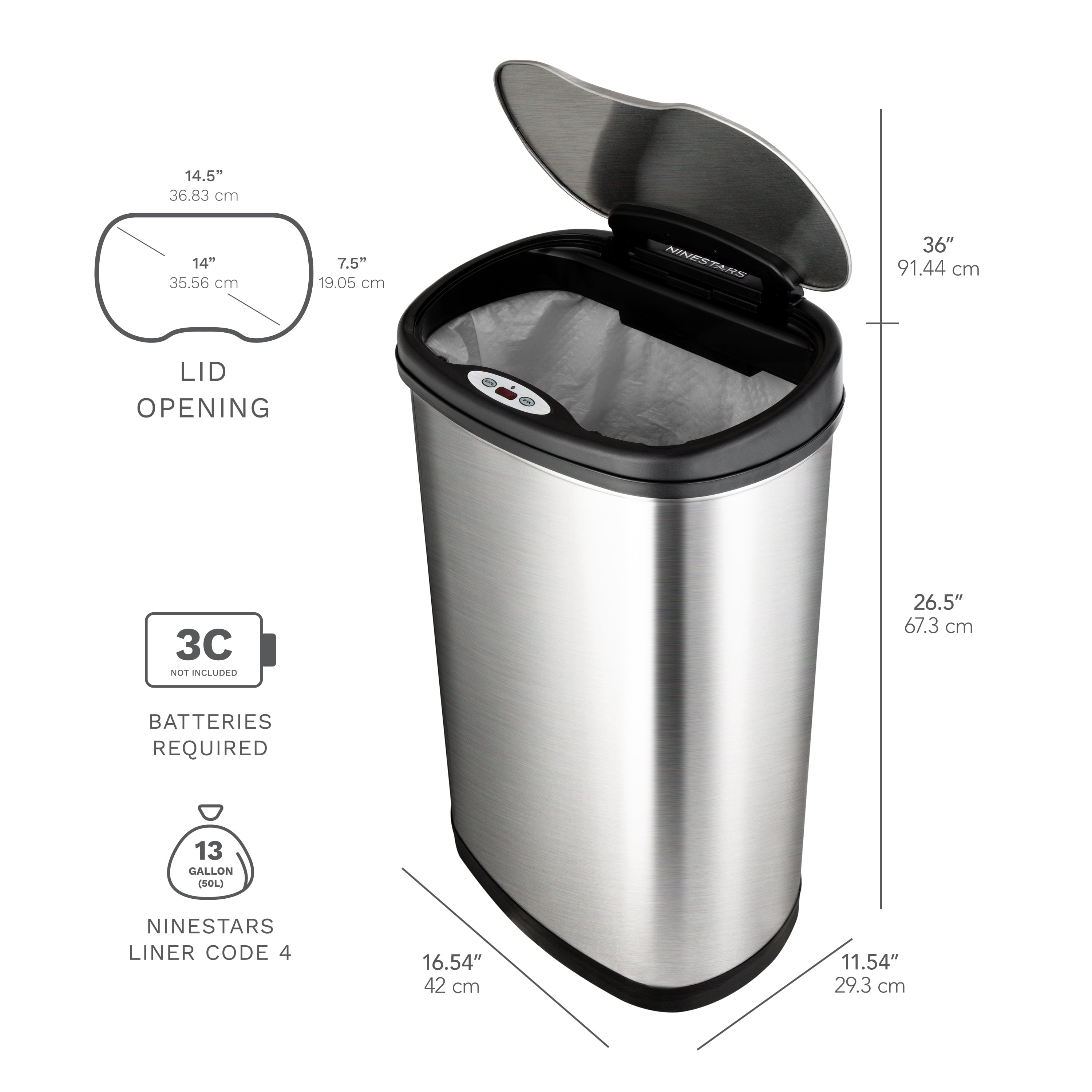 Nine Stars Automatic Kitchen Trash Can Combo, 13 Gallon + 3 Gallon Stainless Steel, Motion Sensor Hands-Free Soft-Close Lid Garbage Bin, Silver