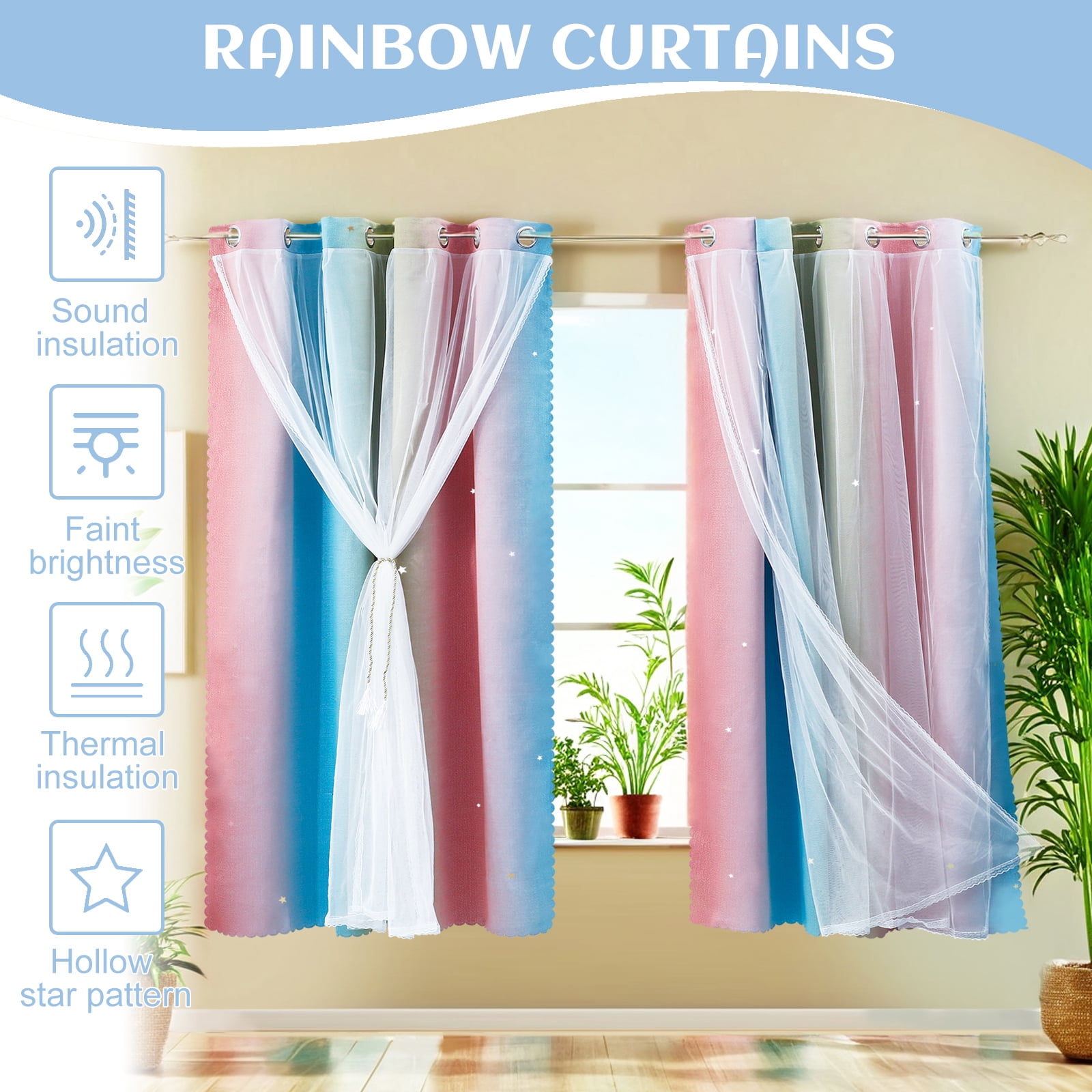 Dznils Star Ombre Printed Grommet Sheer Blackout Curtain Panel Set, 4 Piece, Pink, 52" W x 63" L