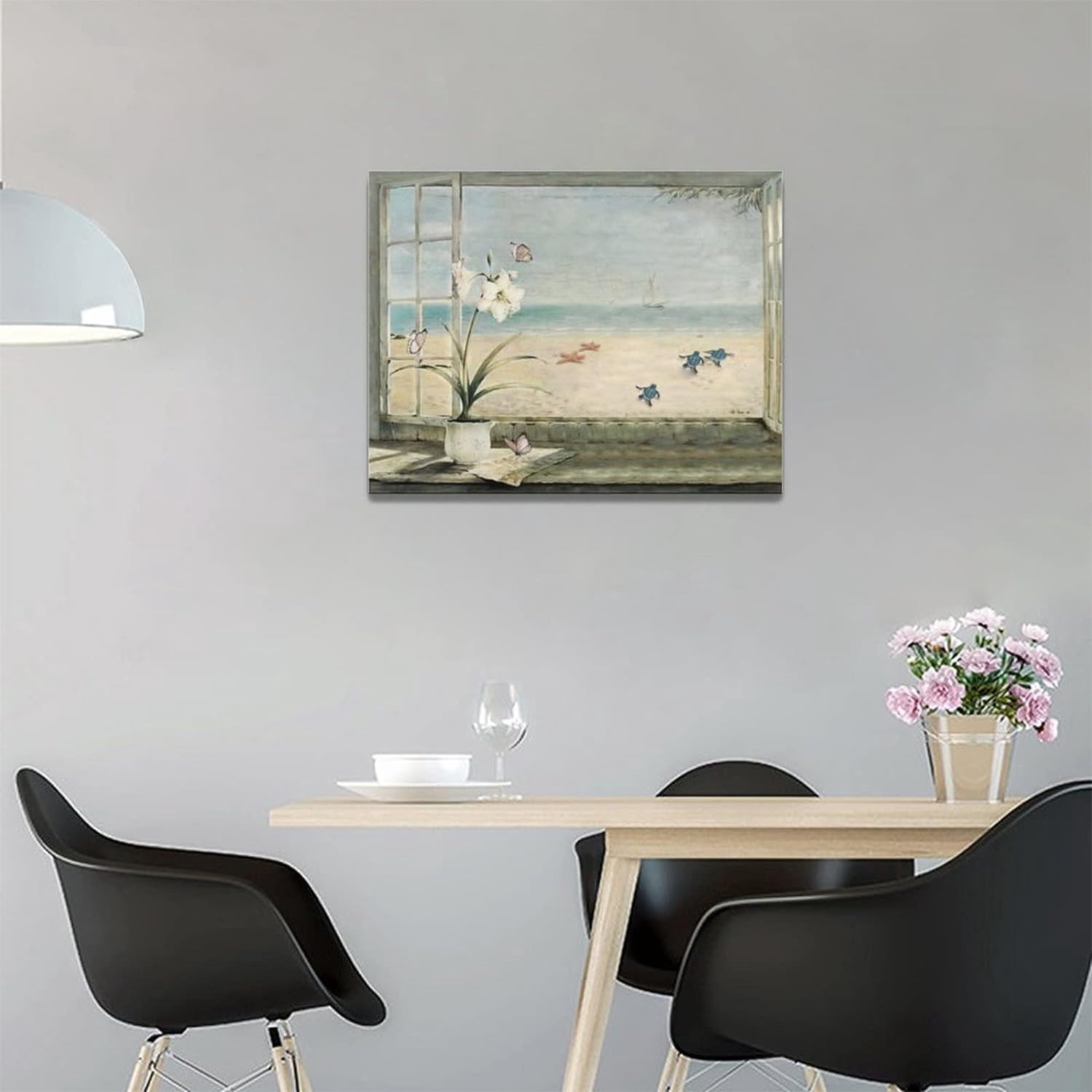 Beach Bathroom Wall Art Coastal Flower Ocean Turtle Butterfly Pictures Bathroom Wall Decor Floral Bathroom Canvas Prints Painting Beach Decorations Framed Artwork for Bathroom Bedroom 16"x12"