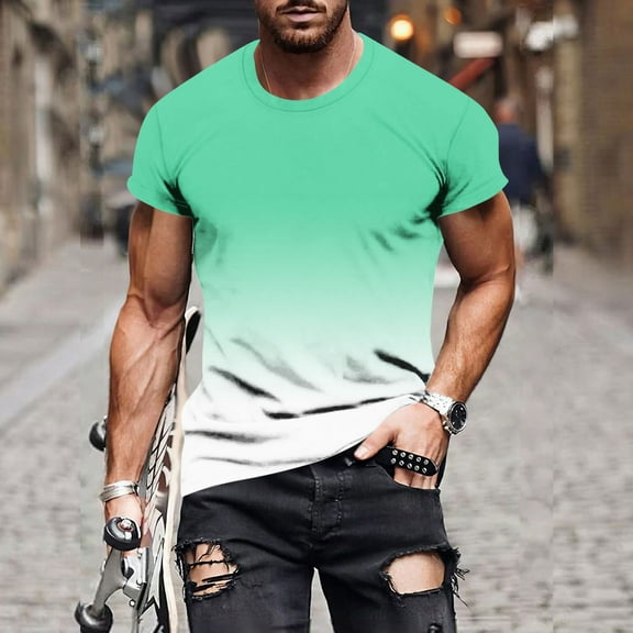 Elvqul Mens Breathable Shirts Graphics Casual Pullover Gradient Print Mint Green Short Sleeve T-Shirts for Men Stylish