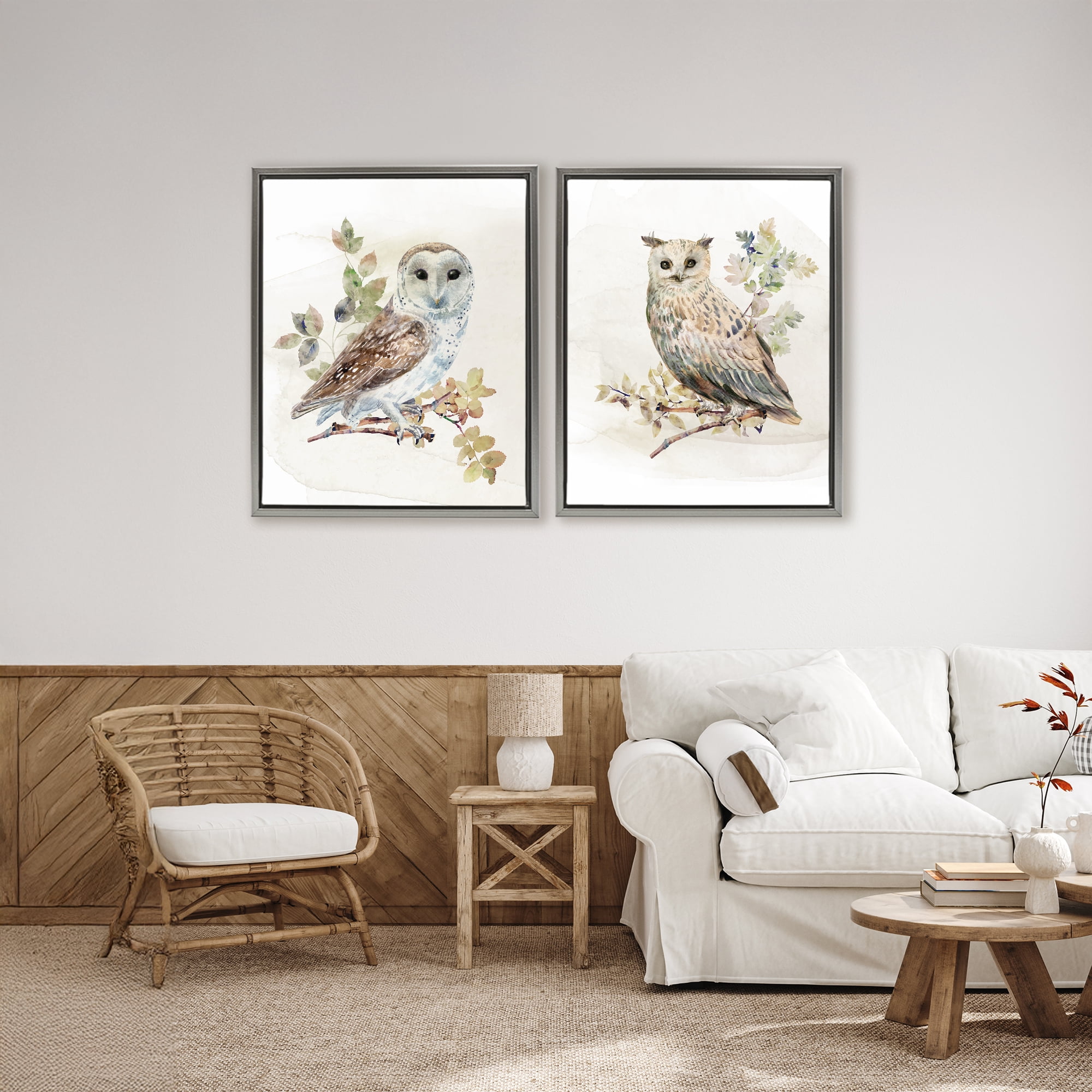 Stupell Industries Owls Perched in Foliage 2 Piece Gray Framed Floater Canvas Set, design by CAD Designs