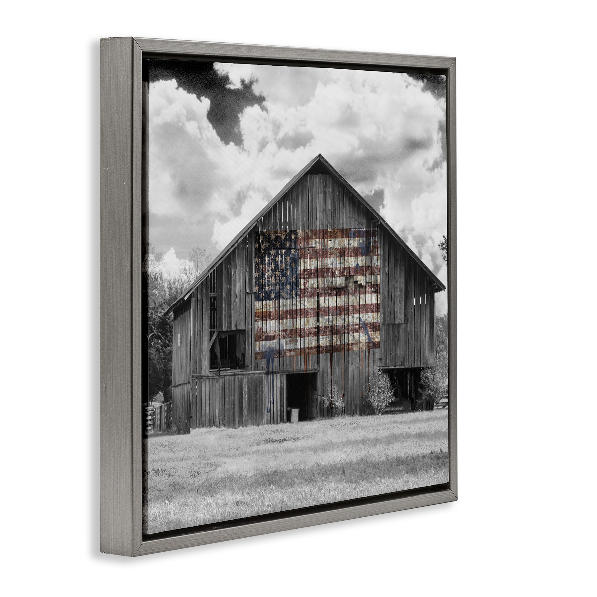 USA Flag Monochrome Barn Gray Framed Floater Canvas Wall Art, design by Decent Exposures