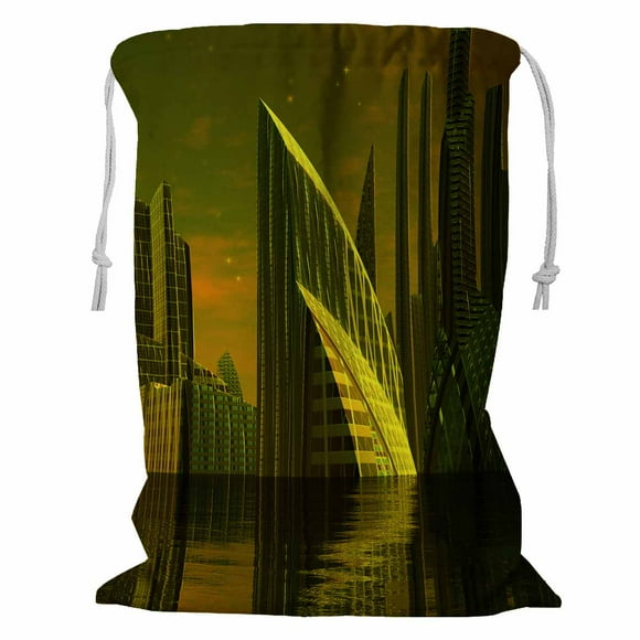 YUSDECOR Modern Alien City Computer Artwork Storage Basket Laundry Bag with Drawstring Size 18x24 Inch