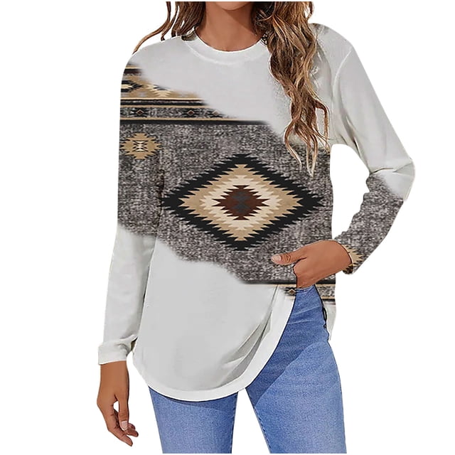 Camiseta de moda sexy informal para mujer, blusa estampada de manga larga con cuello redondo y fruncido Pompotops FGAJ7291