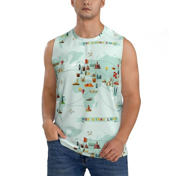 Saiise Débardeur Homme Imprimé Carte du Monde : T-Shirt Sans Manches Élégant pour Occasions Sportives et de Plage - Grand