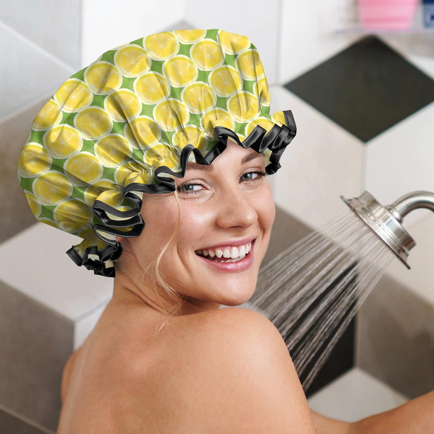 Shower Caps,Yellow Lemon Slices Green Pattern Waterproof Shower Cap for Women 4 Pieces,Double Reusable Hair Cover for Shower PEVA Elastic Stretch Hem