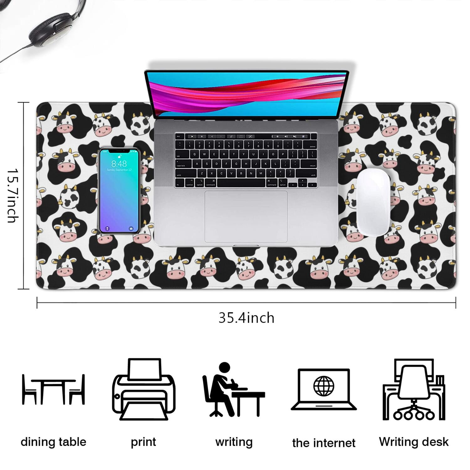 Long Mouse Pads for Desk,White Cow Black Spot Face Pattern Desk Mats on Top Of Desks, Desk Mouse Pad Extra Large with 3mm Non-Slip Base and Stitched Edge for Gaming,Office,Work,Home 35.4"x15.7"