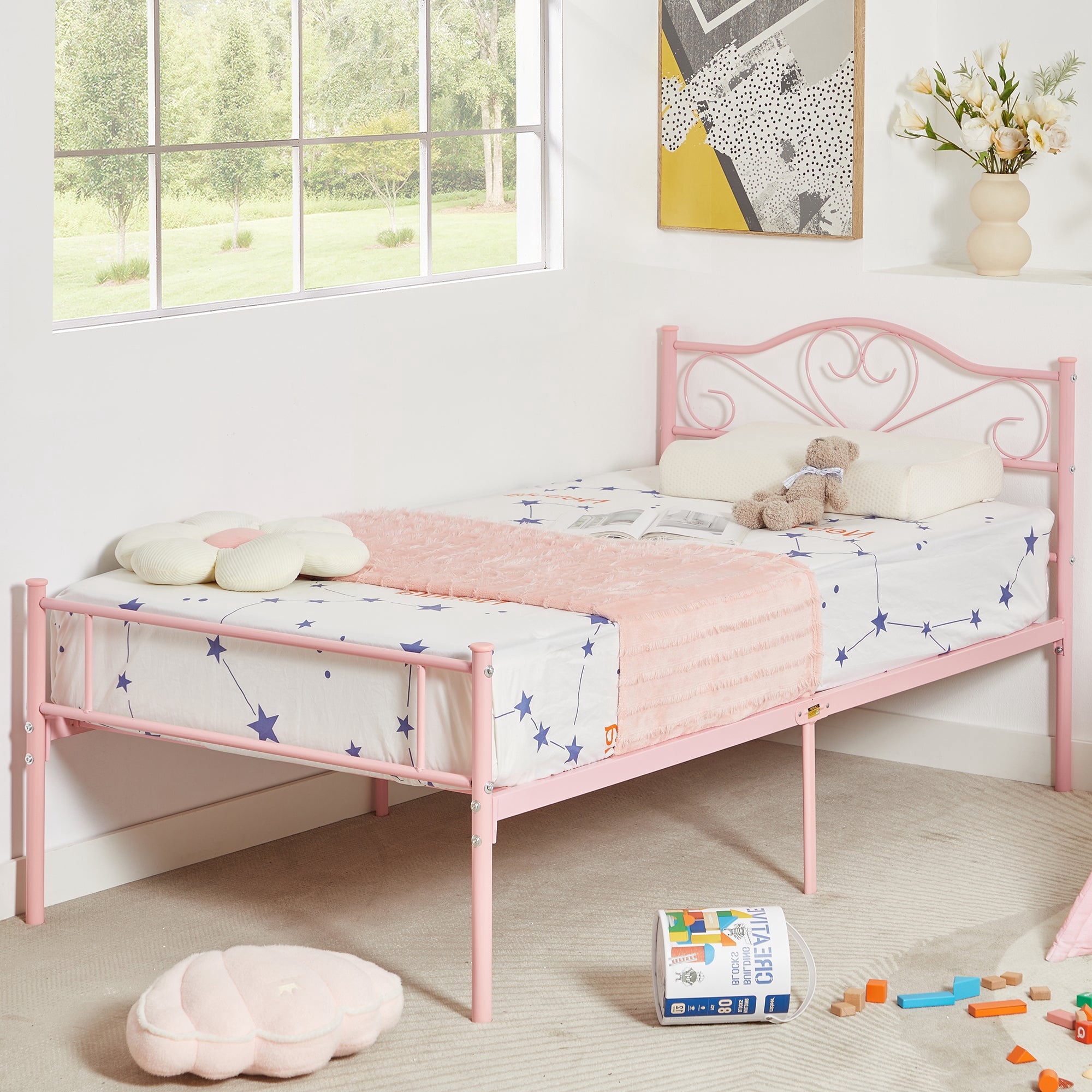 14 Inch Twin Size Metal Platform Bed Frame with Headboard and Footboard, Heavy Duty Mattress Foundation with Steel Slats Support, No Box Spring Needed, Pink
