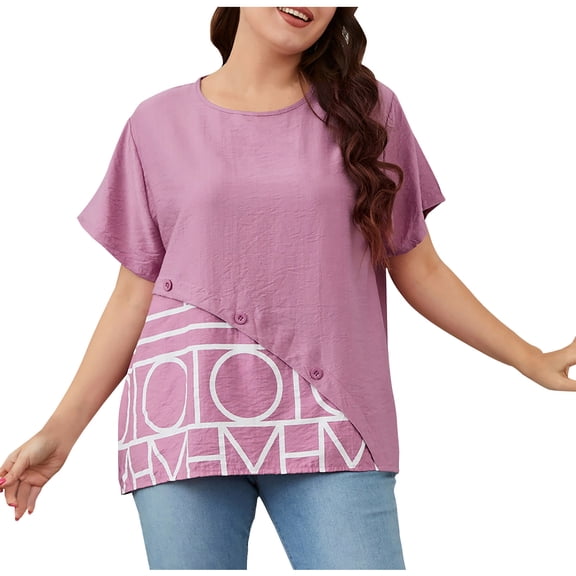 TAGOLD Womens Summer Plus Size Tops,Tops for Womens,Women Oversize Summer Casual Short Sleeve Round Neck Printed Sleeve Tops Loose Blouse