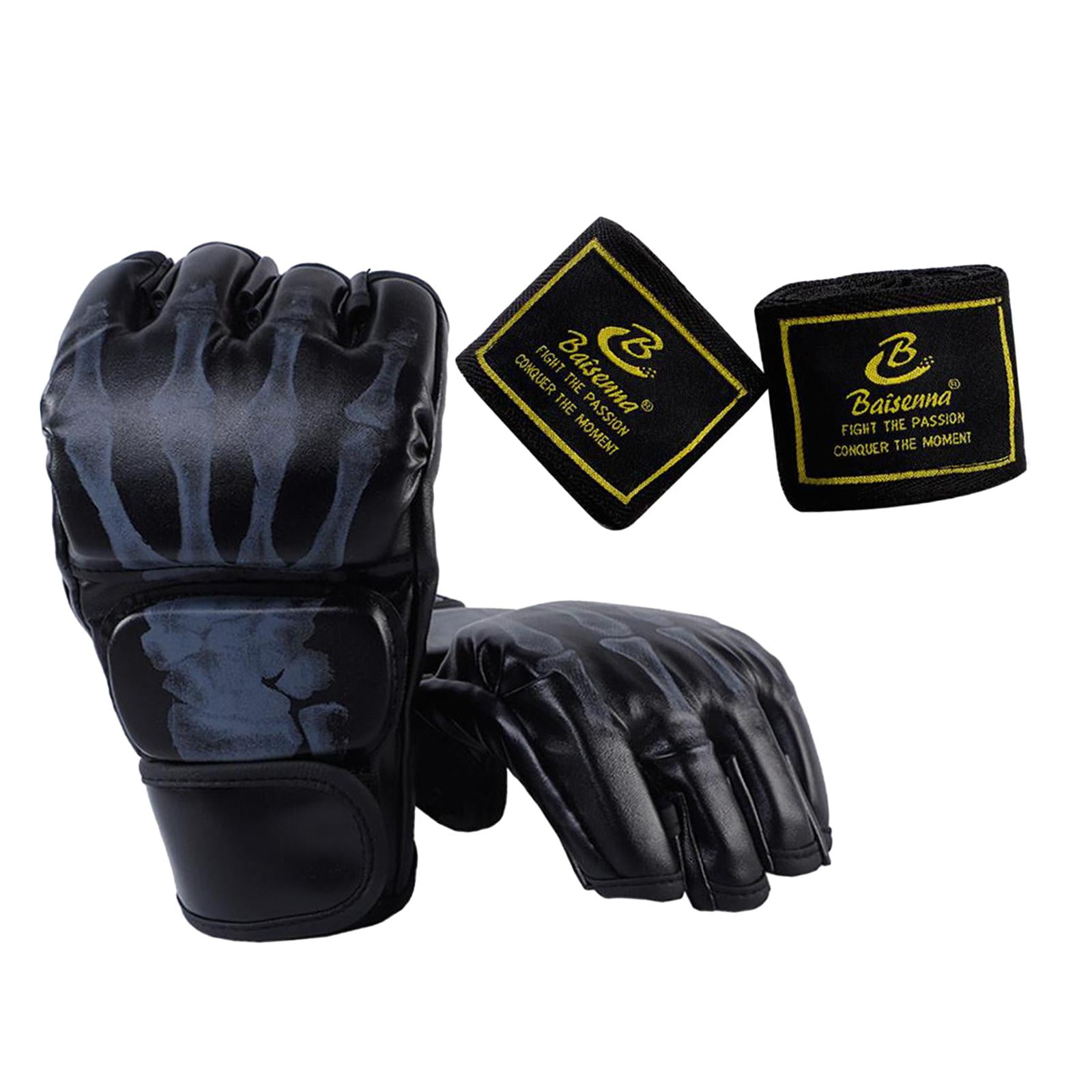 harayaa Boxing Gloves Protective Gear Open Palm MMA Half Mitts Lightweight Breathable PU Black Skeleton