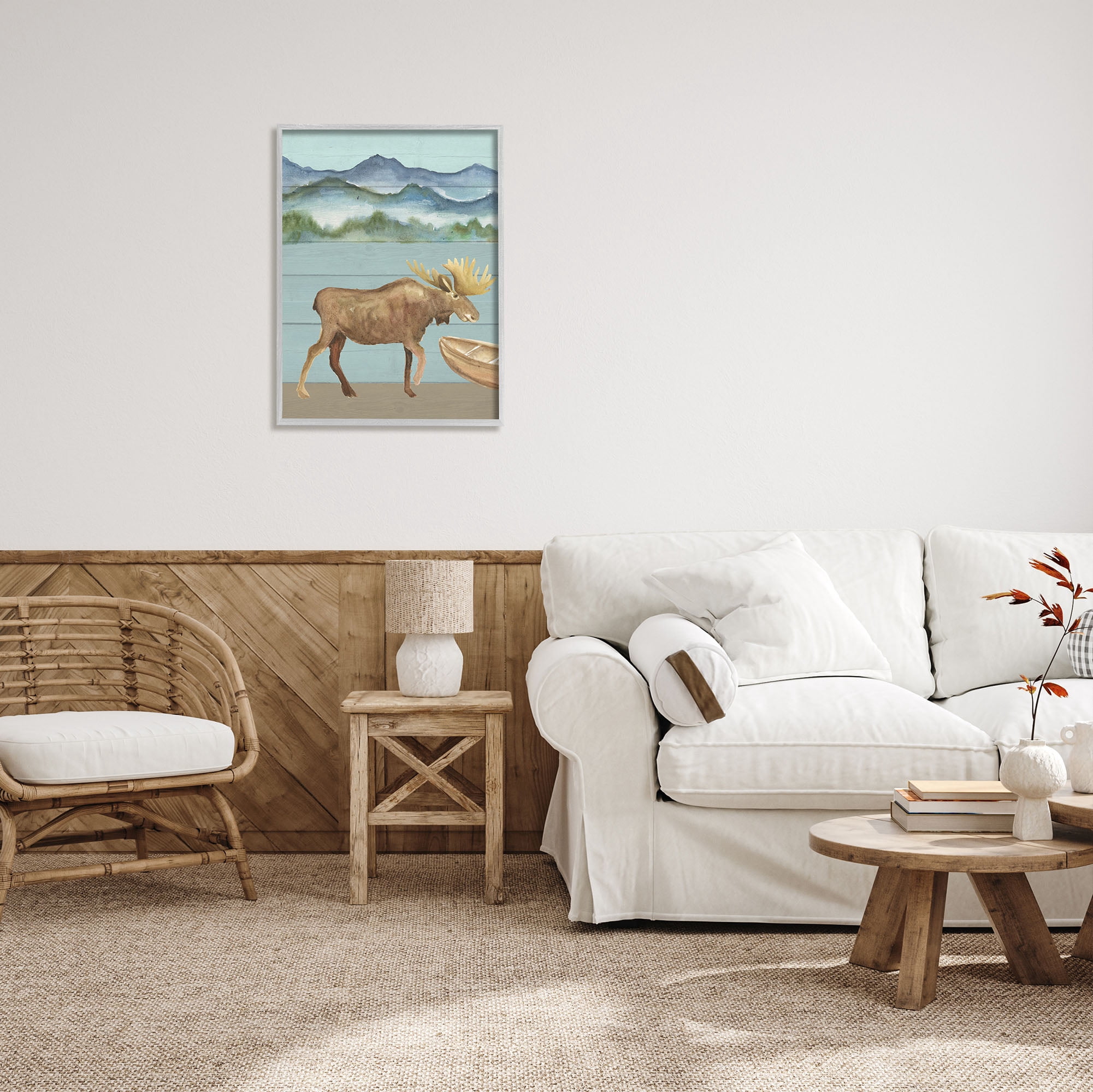 Stupell Industries Rustic Moose at Lake Animals & Insects Painting Gray Framed Art Print Wall Art, 24 x 30