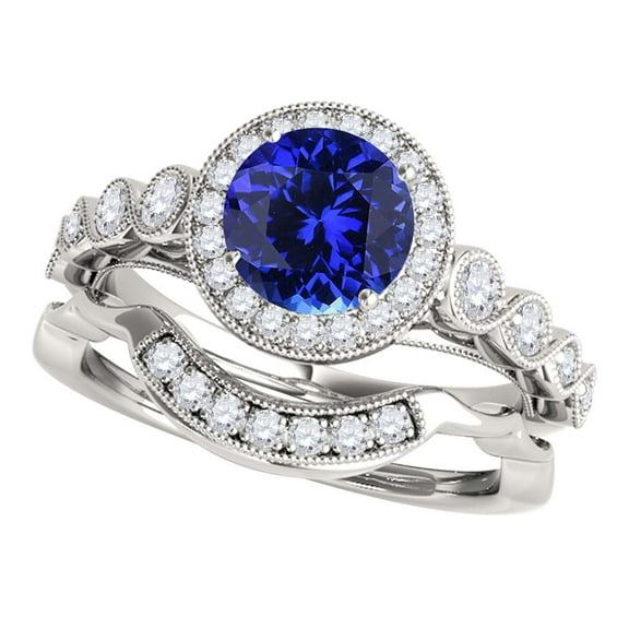 Mauli Jewels Engagement Rings for Women 1.25 Carat Halo Tanzanite And Diamond Bridal Set Prong-Setting 14k White Gold