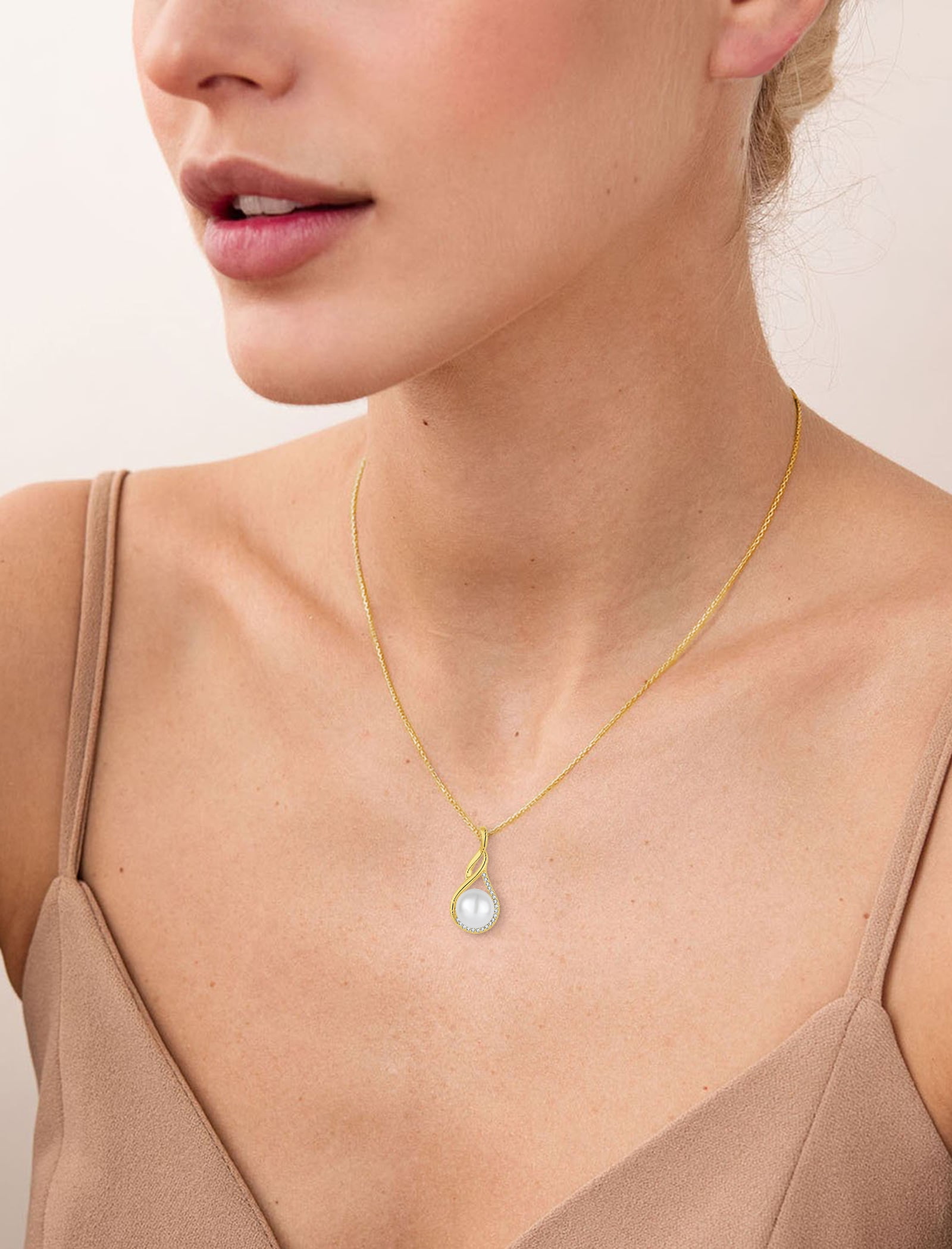 PYNZY Infinity Pearl Necklace for Women, 925 Sterling Silver 18K Yesllow Gold Plated CZ Pearl Pendant Necklace 9MM Freshwater Cultured Pearl Jewelry Gift