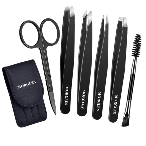 MORGLES 6Pcs Tweezers Set, Stainless Steel Tweezers for Eyebrow with Curved Scissors, Brow Brush & Leather Case - for Shaping & Ingrown Hair, Black