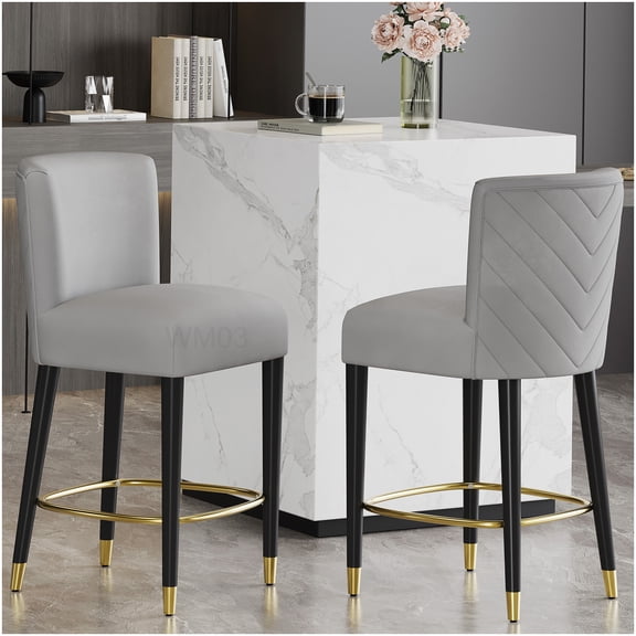 Set of 2 Grey Counter Height Stools, 27 Inch Seat Modern Kitchen Island Stools with Gold Footrest