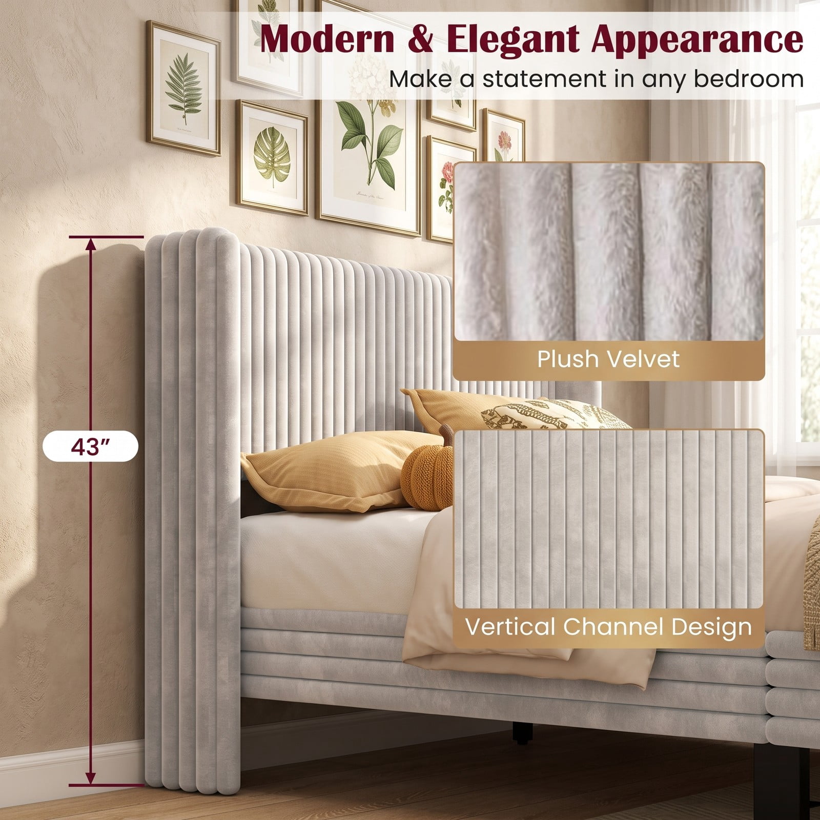 Furnibear Queen Bed Frame with Headboard, Velvet Upholstered Platform Bed with Vertical Channel Tufted Wingback Headboard, White