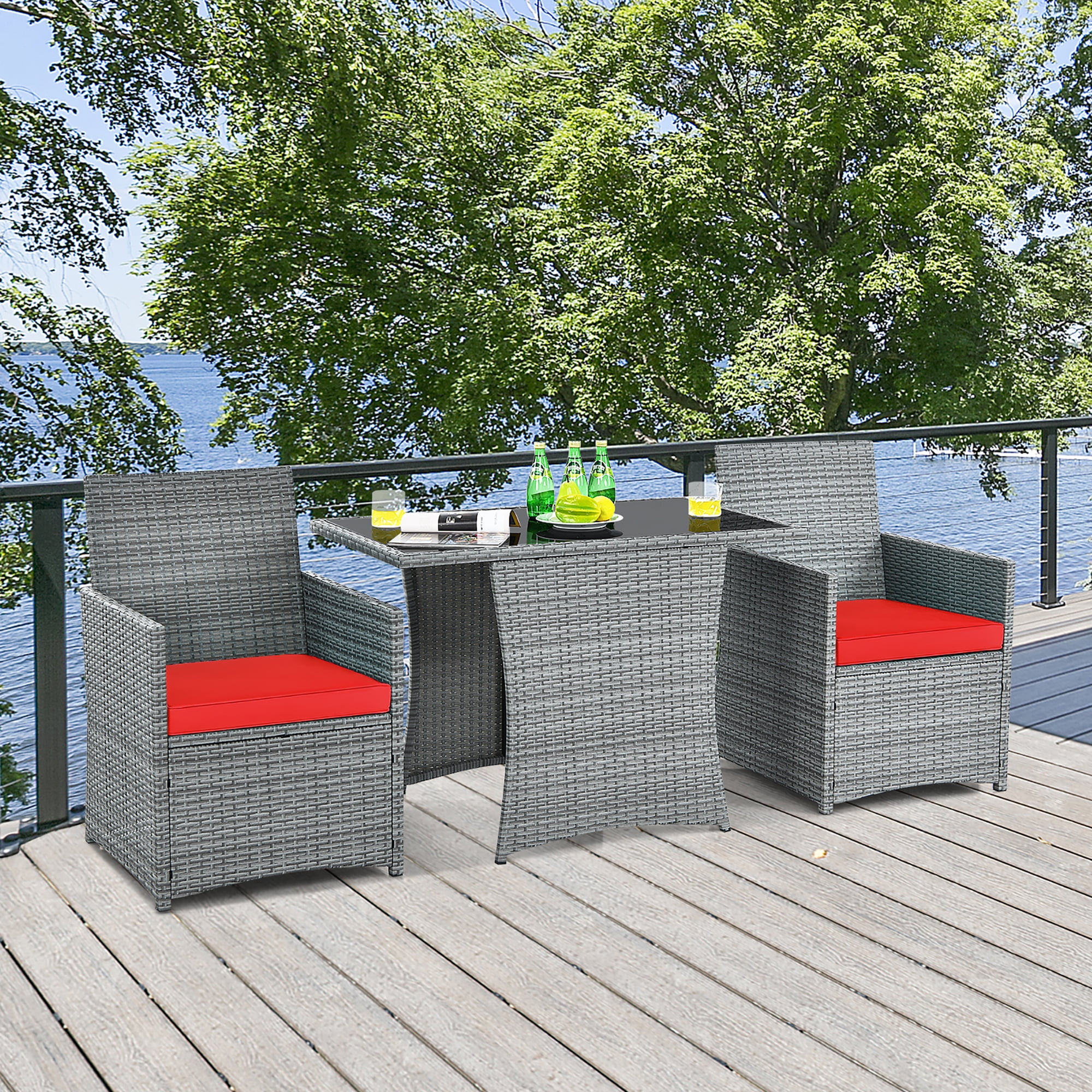 Costway 3PCS Patio Rattan Furniture Set Cushioned Sofa Armrest  Garden Red