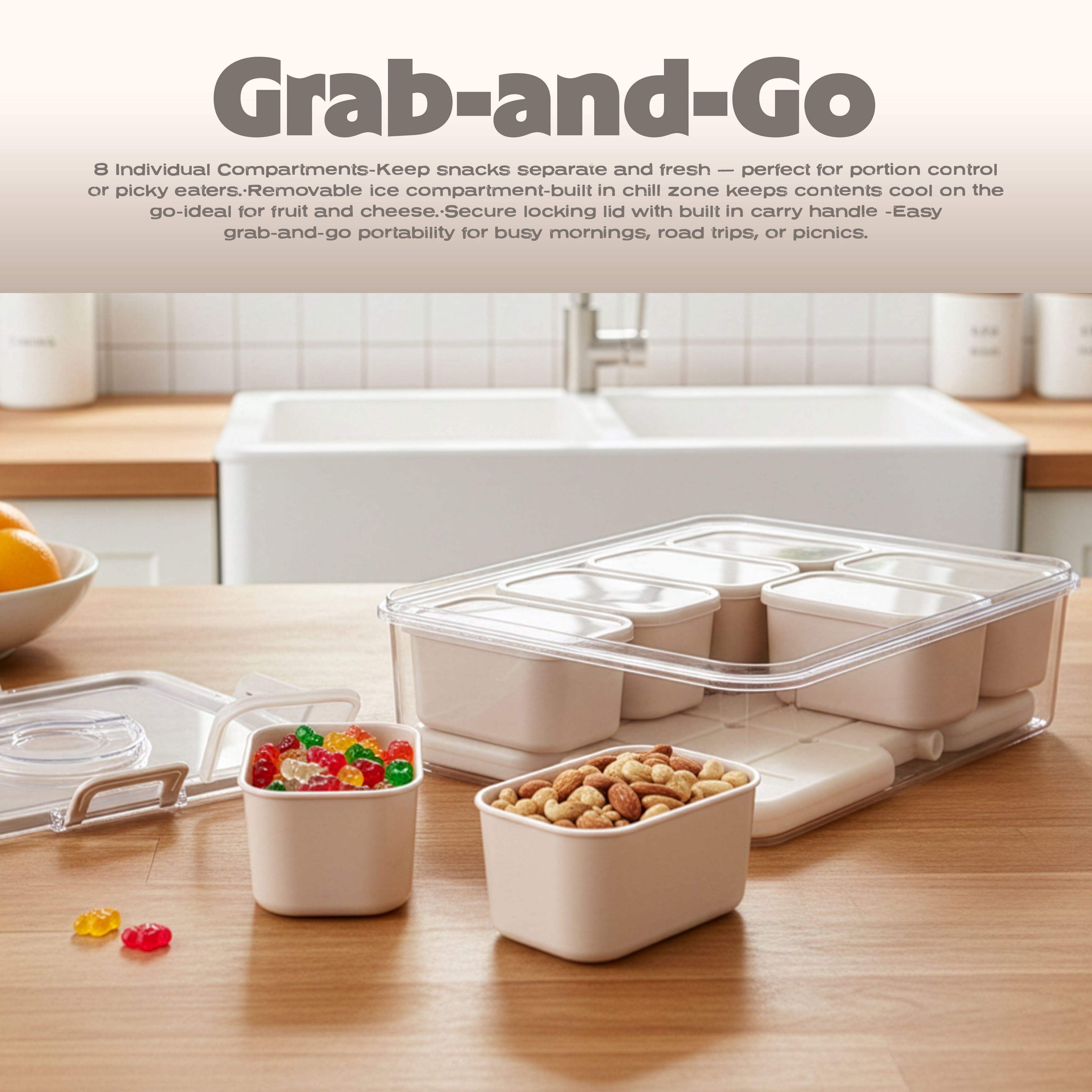 (2 pack) Cook with Color 8-Compartment Snack Box Food Storage Container with Lids, Removable Ice Pack, Leak-Proof Portable Lunch Box with Locking Lid, Charcuterie Tray Portion Control, Dishwasher Safe, Taupe