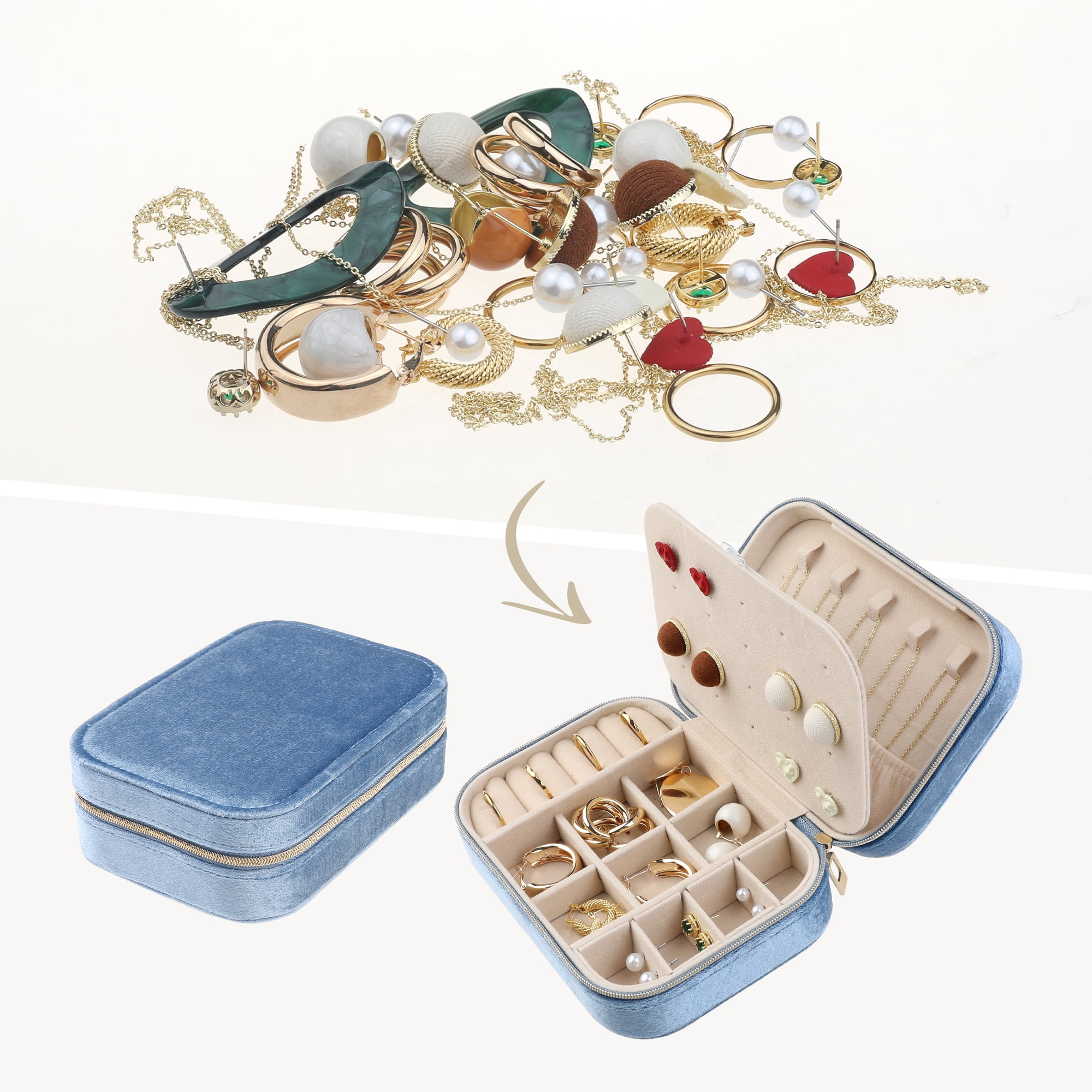 Unique Bargains Travel Jewelry Box Small Portable Plush Velvet Jewelry Organizer Case Blue