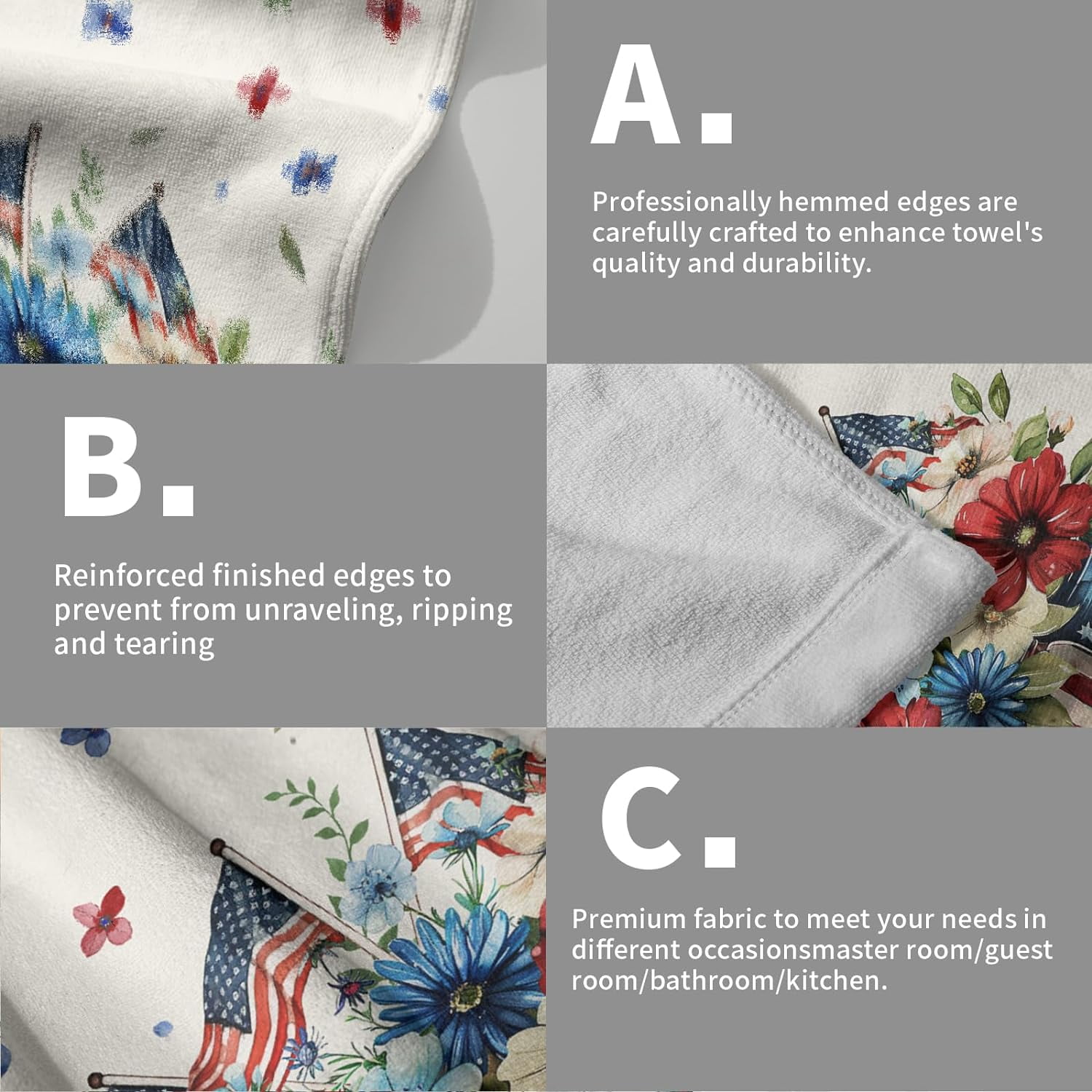 American Patriotic Floral Hand Towels for Bathroom Red Flower Vase Decorative Kitchen Towel Memorial Day Soft Fingertip Dish Guest Towels